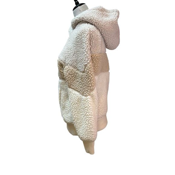 Sherpa Pullover Hoodie Colorblock Beige Cream Warm Cozy - Picture 2 of 7